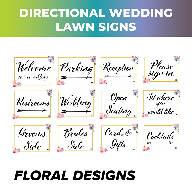 Mix and Match Wedding Wayfinding Yard Signs | 24"W x 18"H, Double Sided, UV Printed | Choose Signs Only or Sign with 6"W x 24"H Metal H-Stakes