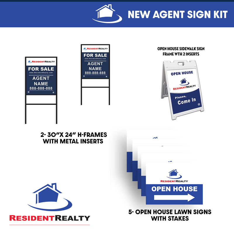 Resident Realty "New Agent" Sign Kit | Kit Includes H-Frames, Sidewalk Sign, & Lawn Signs