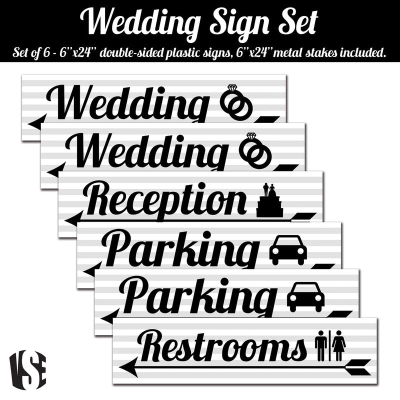 Wedding Sign Kit | 24"W x 6"H Signs (6) | Includes Metal H-Stakes, 6"W x 24"H (6) Designs: Parking (2), Reception (1), Wedding (2), Restrooms (1)